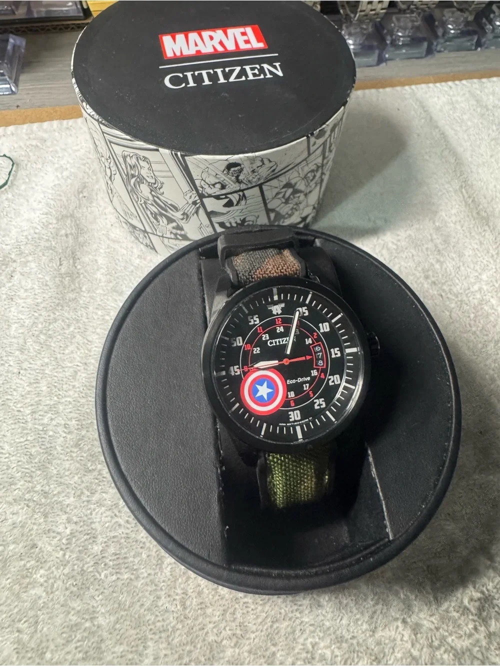 #213 Citizen Men's Black Watch with Red, Blue and White Accents